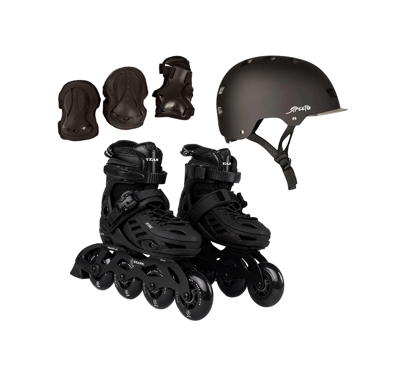 COMBO CASCO PROTECCIONES Y ROLLERS BLACK TALLE M STARK
